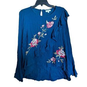 UMGEE Top Womens Small Blue Floral Embroidered Ruffle Detail Blouse Ladies